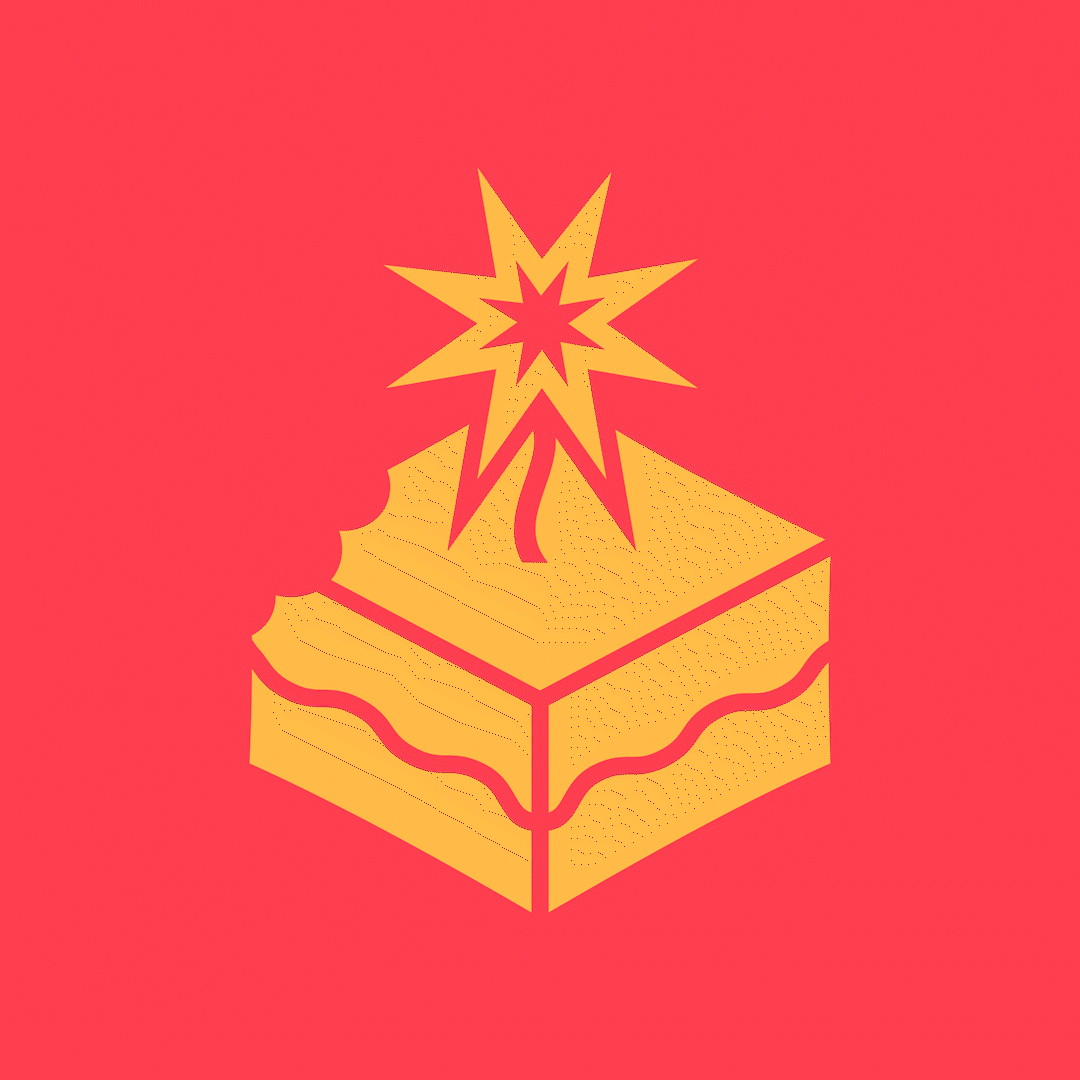 A cartoon-style illustration of a layered cake with a lit fuse on top, resembling a cake bomb