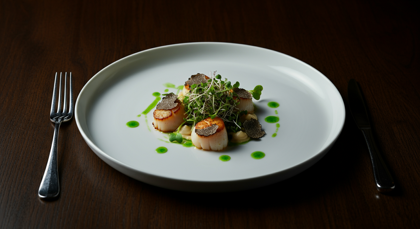 A white plate with seared scallops, garnished with microgreens, black truffle slices, and green sauce drops, on a dark wooden table with a fork on the left and a knife on the right.