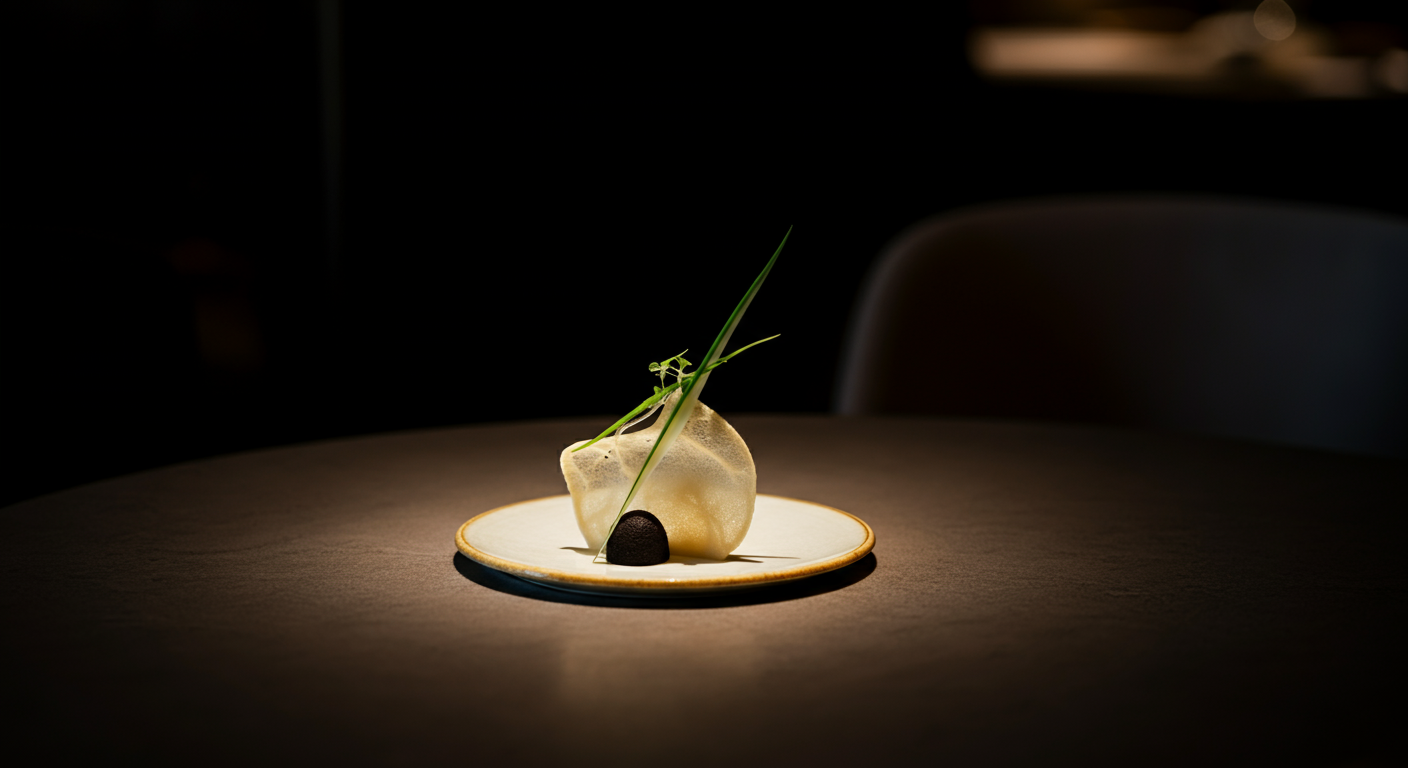 A gourmet dish with a scoop of cream or mousse, garnished with a small leaf, tall green herbs, and a small round dark element on a white plate with a golden rim, on a dark wooden table.