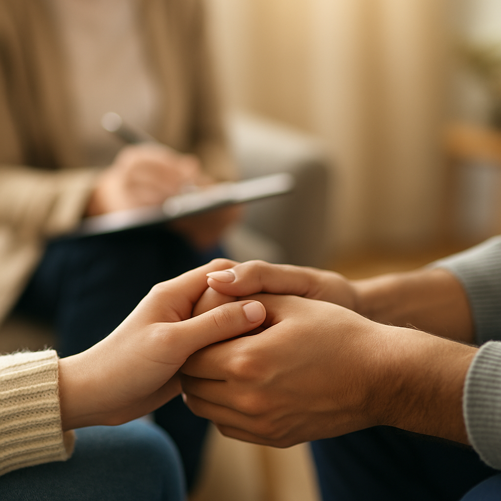 Two people holding hands in a comforting gesture during what appears to be a counseling or therapy session.