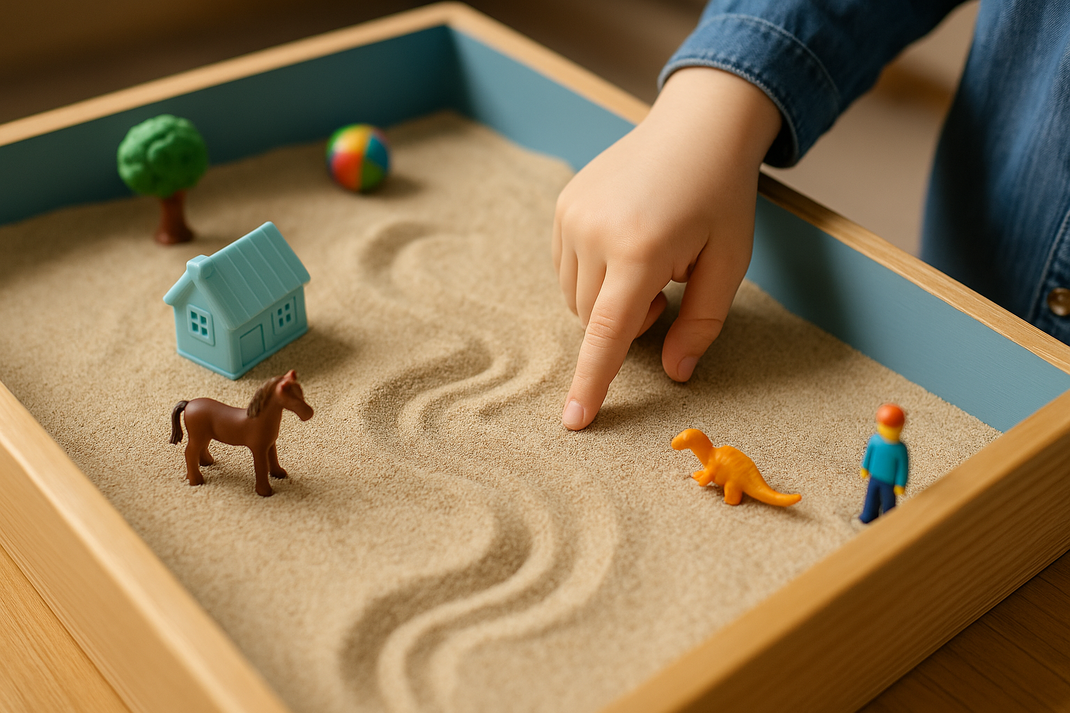 Child's hand pointing at orange dinosaur toy in a children's sandbox with small toys including a house, horse, tree, ball, and person figure.