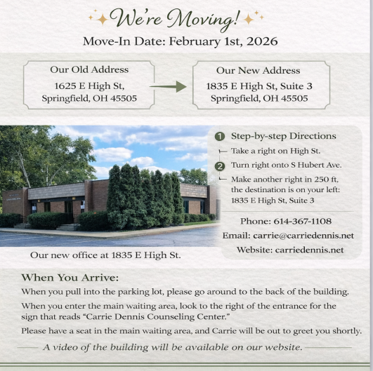 Moving announcement card with old and new address, step-by-step directions, contact information, and instructions for arriving at the new location.