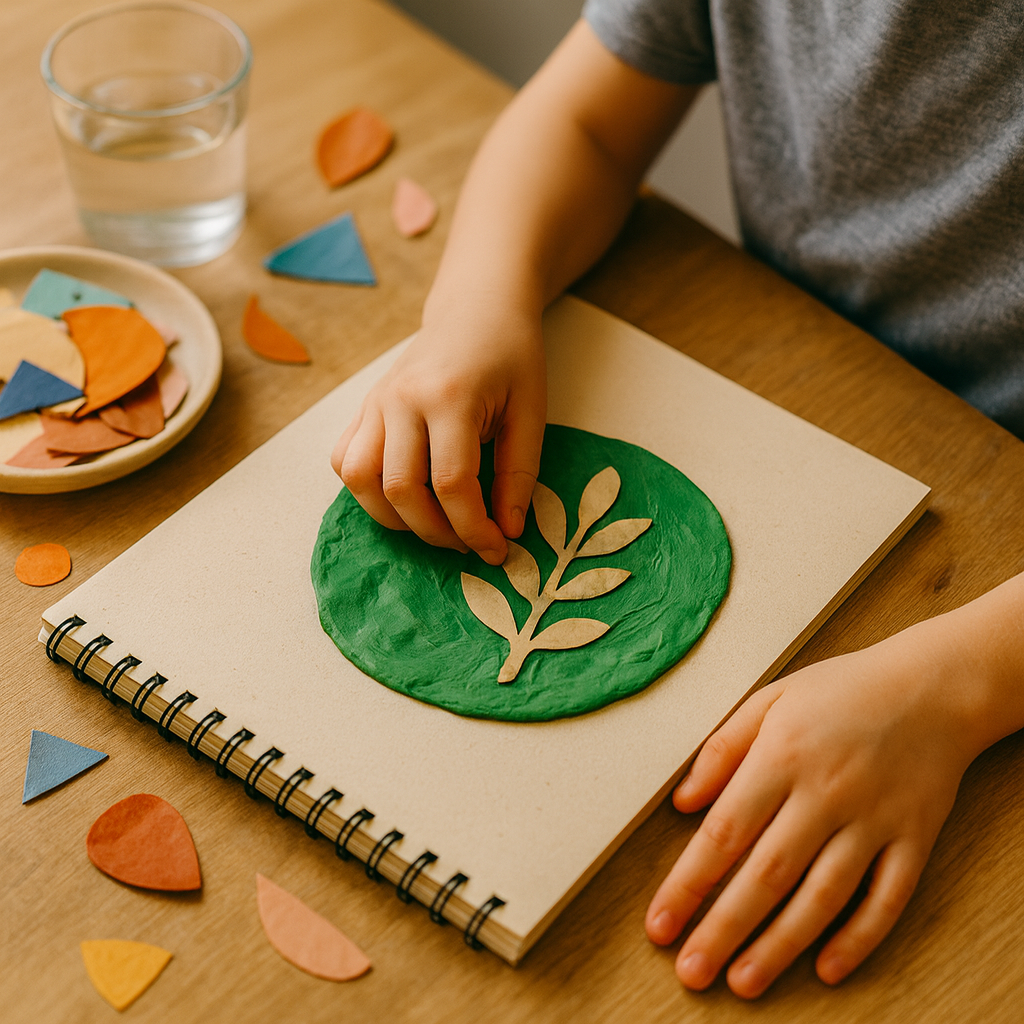 A person creating a watercolor painting with a circular blend of blue, green, and yellow on a sketchbook. Art supplies such as brushes, a palette of watercolors, a glass of water, and pens are on the wooden table.
