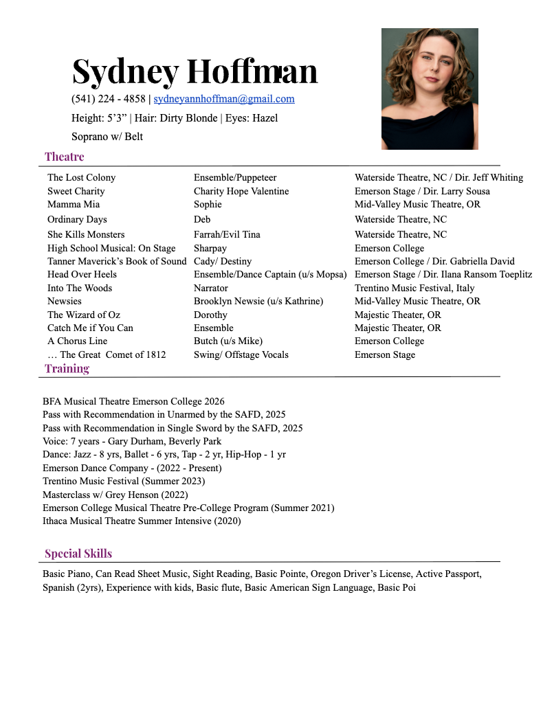 A resume for Sydney Hoffman featuring a photo of a young woman with shoulder-length curly blonde hair, wearing a black top, against a green background. The resume includes personal details, theatre experience, training, and special skills.