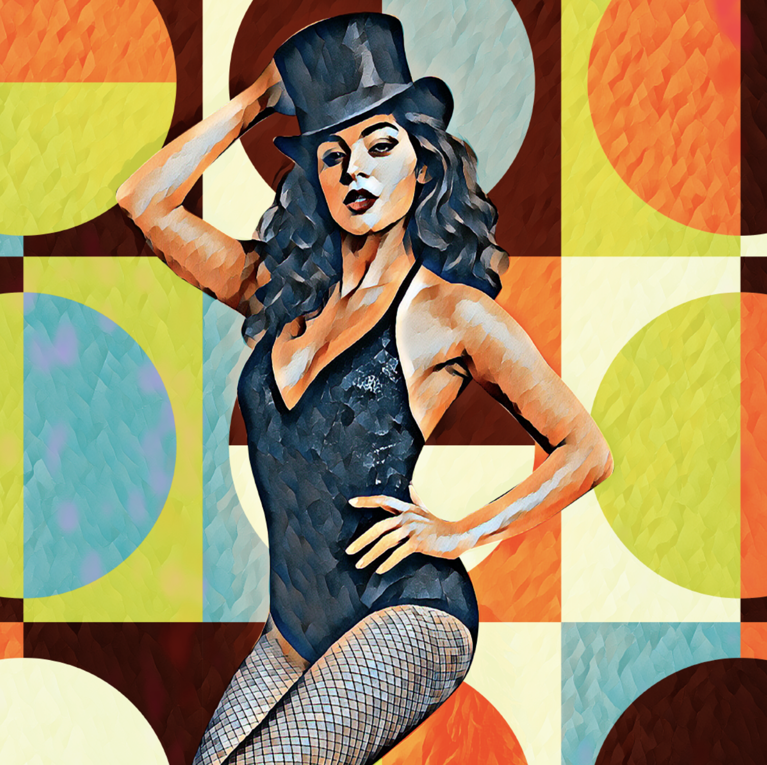 Stylized digital art of a woman wearing a black corset, fishnet stockings, and a black top hat, posing confidently against a colorful geometric background with circles and squares.
