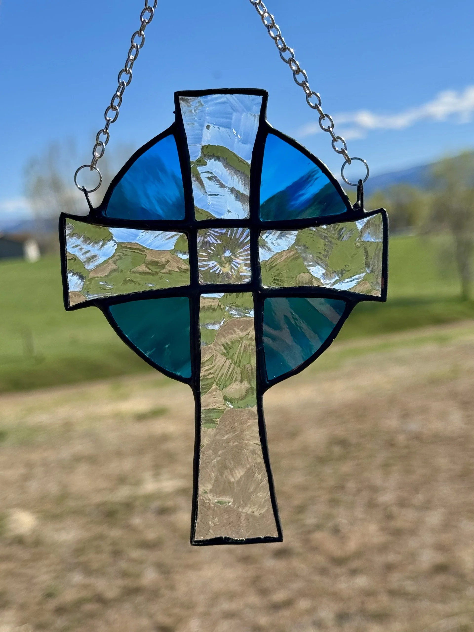 Simple Black Patina Blue Halo Cross
