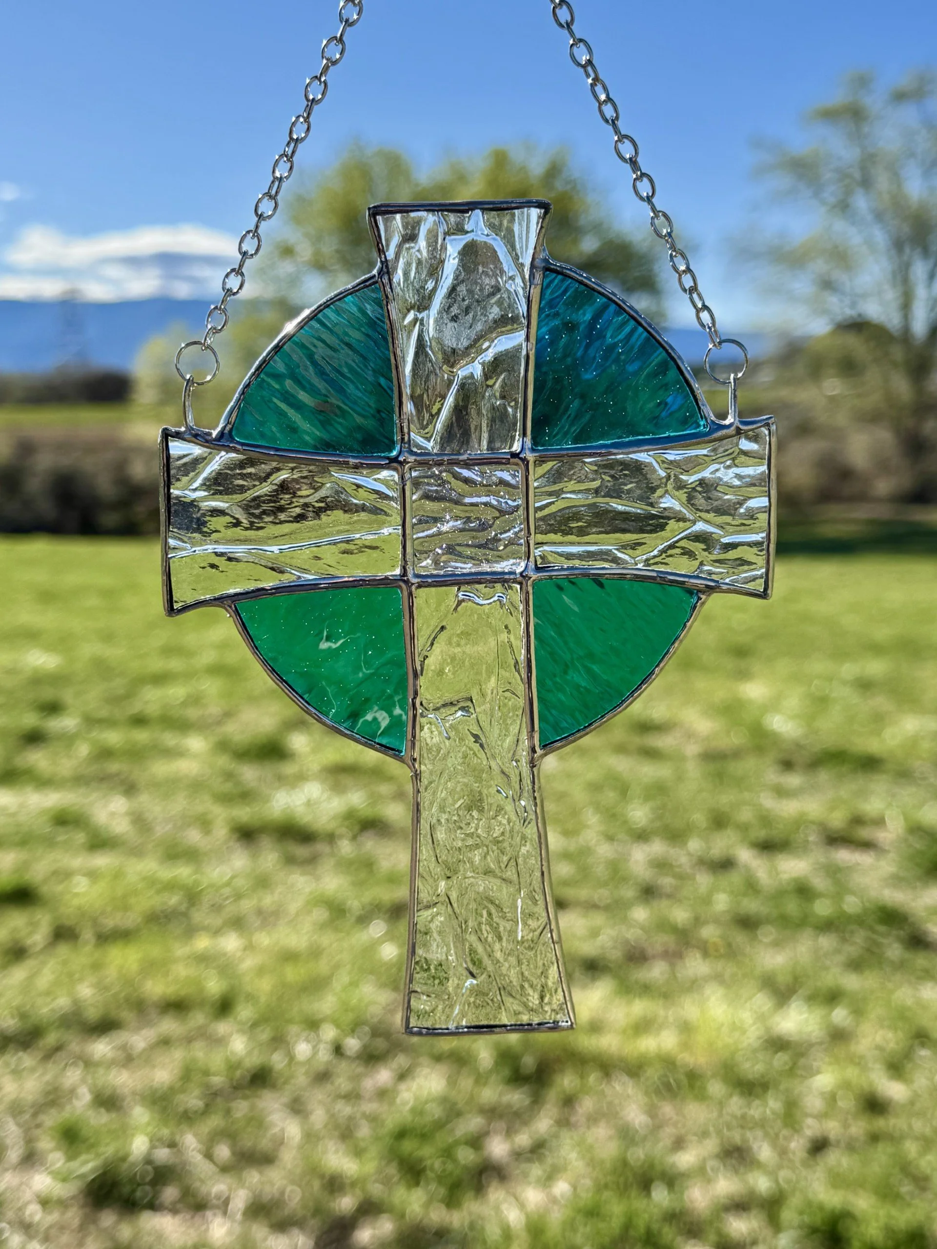 Simple Blue Cross with Crackle and Iridescent Glass