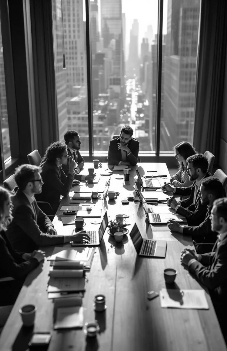 Business meeting with ten people seated around a long conference table in a high-rise office, with large windows showing a city skyline, black-and-white photo.