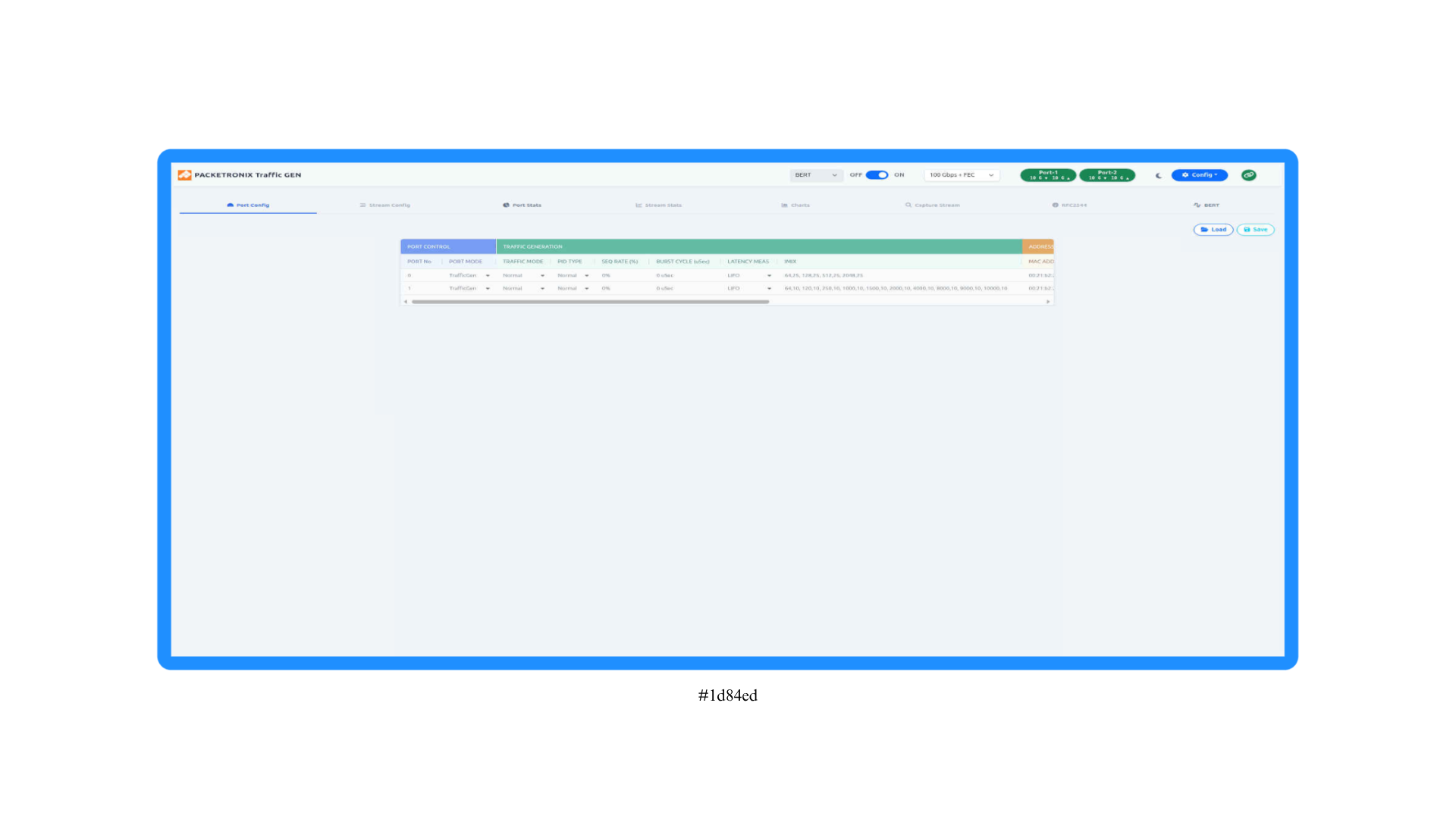 Screenshot of a network traffic management interface labeled 'PACKETRONIX Traffic GEN,' showing port configuration details for port 1 with traffic generation settings, port mode, traffic mode, PID type, SEO rate, burst cycle, latency measures, and MA