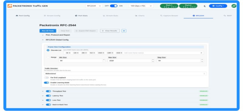 Screenshot of the Packettronic Traffic Generator software interface, showing global configuration settings for RFC-2544 including frame size, traffic direction, and test options.