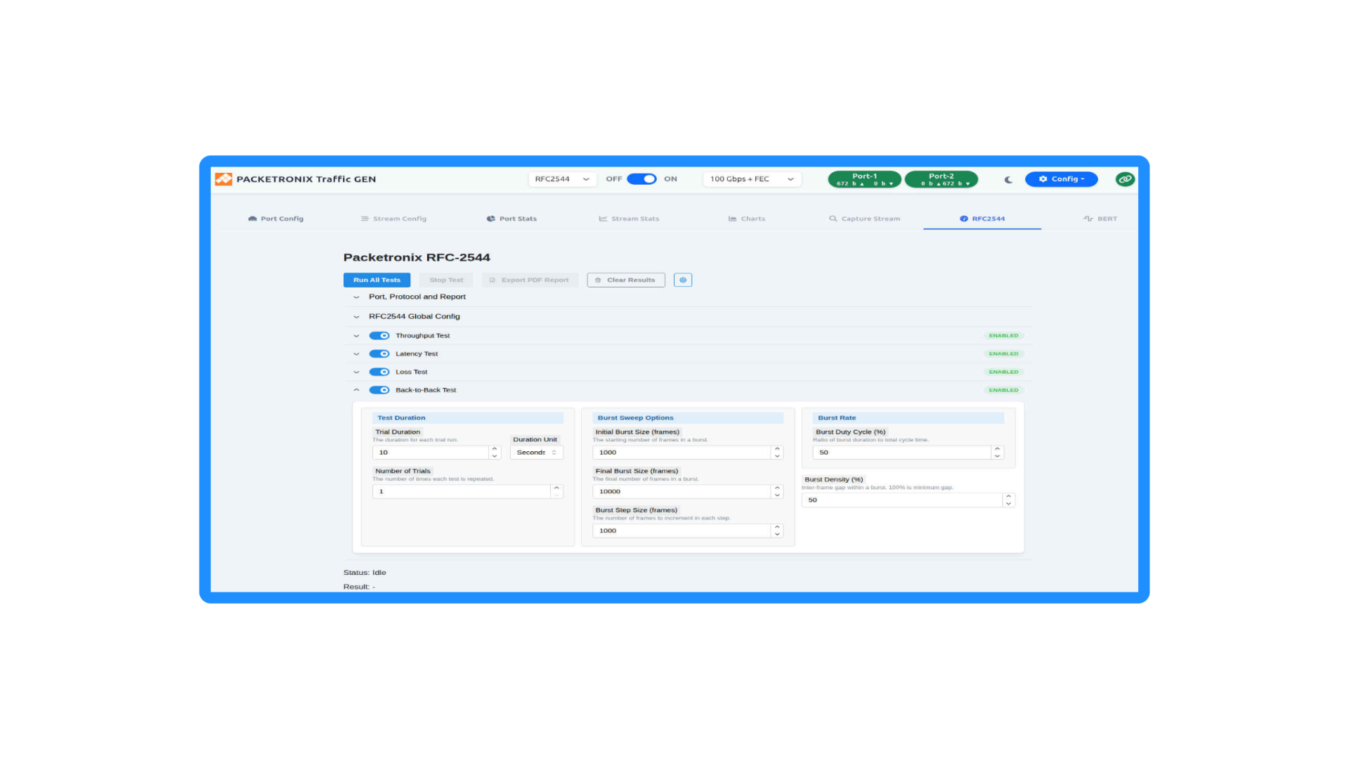 Screenshot of Packettronix Traffic Generator software interface showing test configuration settings for RFC-2544 network testing, including throughput, latency, loss, and back-to-back tests, with options for burst size, rate, and duration.