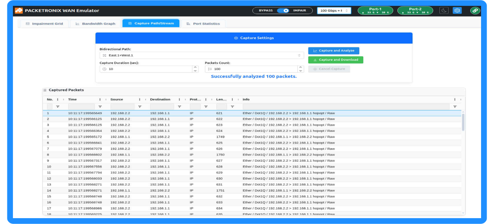 Screenshot of the Packet Tracer WAN Emulator interface showing capture settings and a list of captured network packets with their source and destination IP addresses.