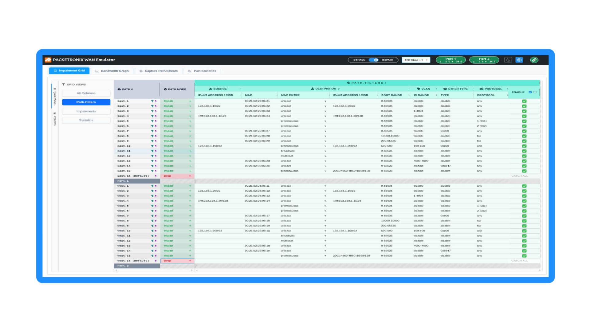 Screenshot of a network administration software interface showing a list of network paths, their modes, sources, destinations, and status indicators in a table.