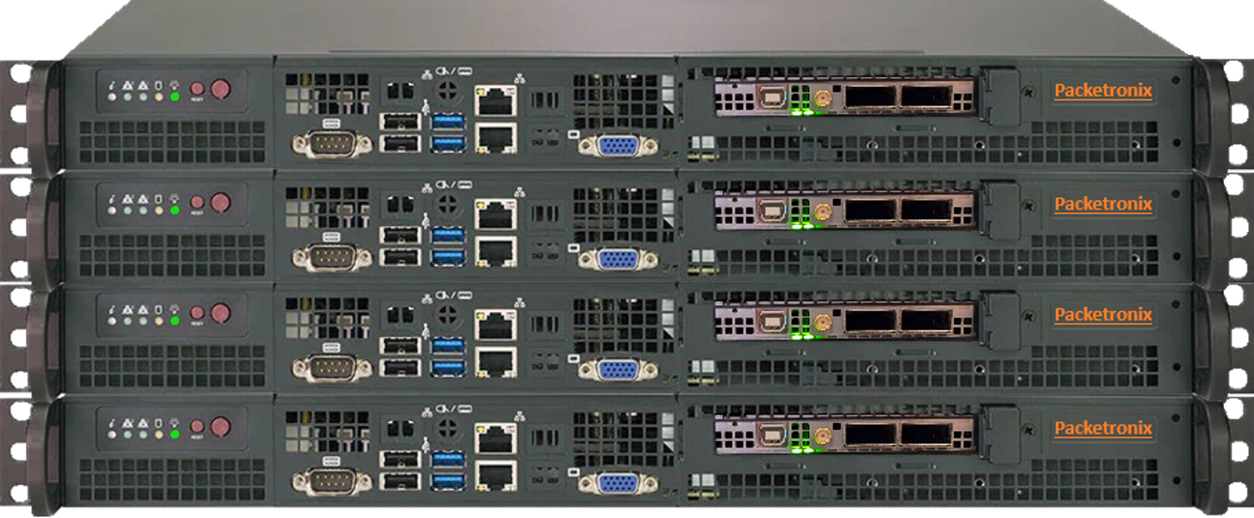 Three server racks with various ports and ventilation, labeled 'Packetronix' on the right side.