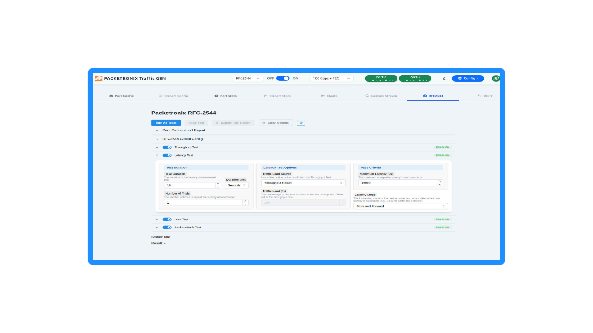 Screenshot of Packetronix Traffic Generator software interface, showing settings for RFC-2544 network throughput and latency testing, with options for test duration, load source, maximum latency, latency mode, and test controls.