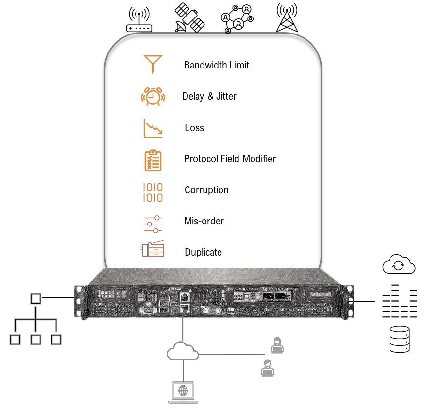 Diagram of a network server rack connected to a cloud computing system and represented as a large digital server with various icons indicating data and connectivity.
