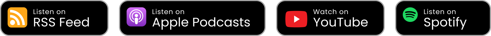 Icons for RSS Feed, Apple Podcasts, YouTube, and Spotify with text prompts to listen or watch on these platforms.