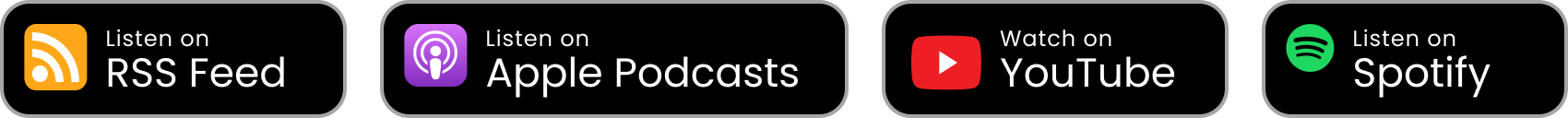 Icons for RSS Feed, Apple Podcasts, YouTube, and Spotify with corresponding text indicating listening options.