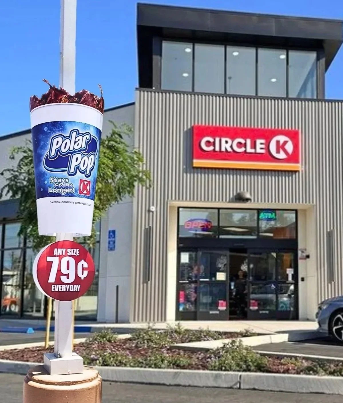 Circle K convenience store with a Polar Pop cup advertisement on a pole in the foreground.