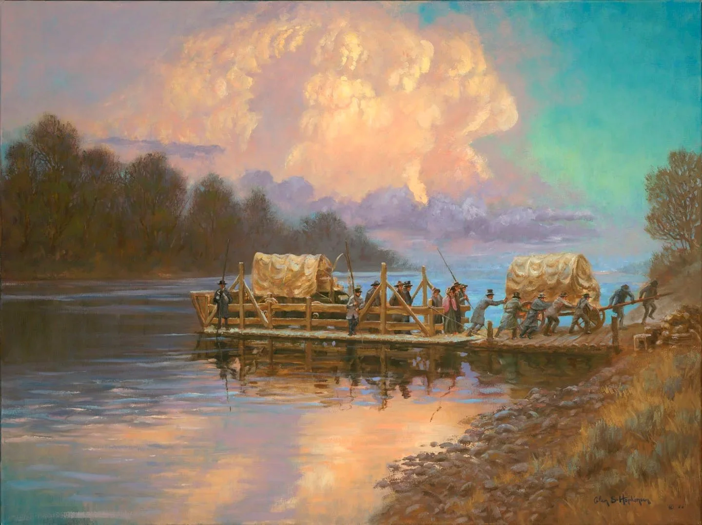 crossing+at+dusk+pioneer+river+cumulous+cloud+ferry+1840s+westward+expansion+exodus