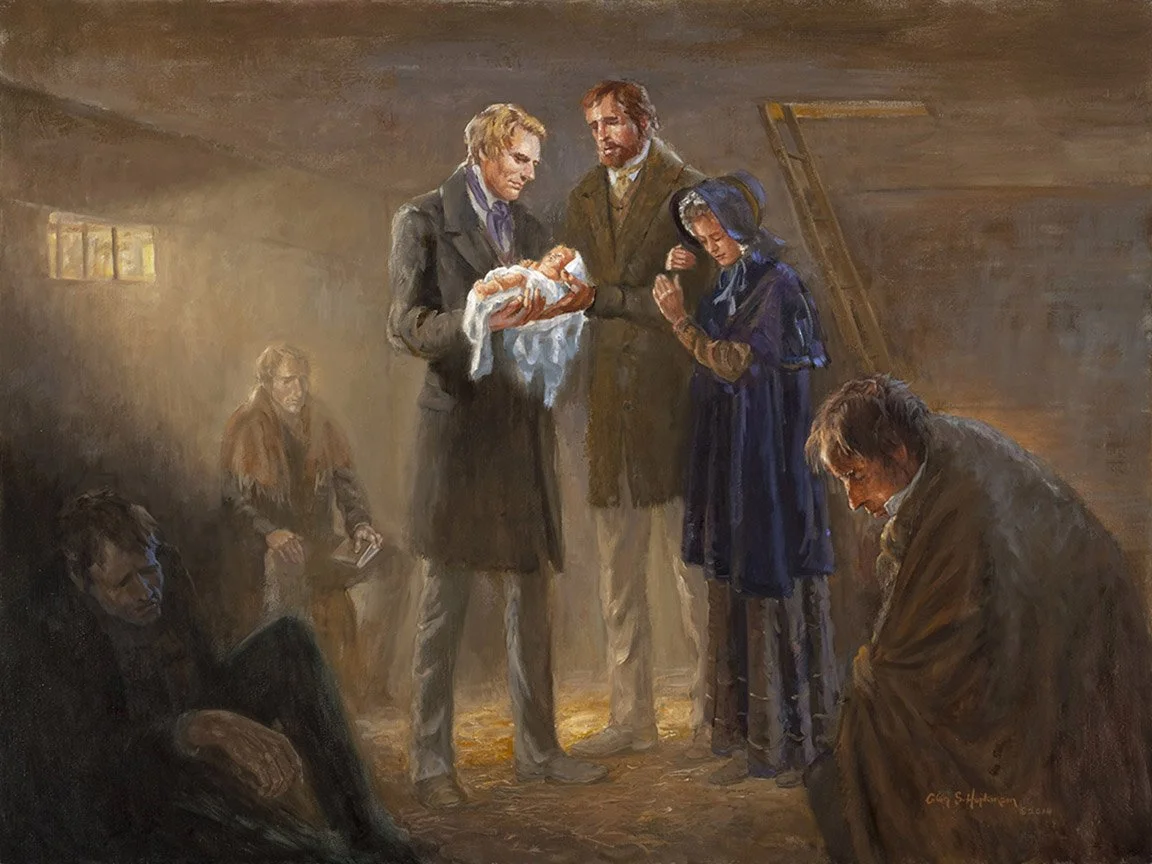 Blessing of Baby Joseph  30x40 oil. Sold
Joseph Smith blessing Alexander and Eunice
McRae's baby boy while the men were incarcerated in the Liberty Jail.

Available as a print 
