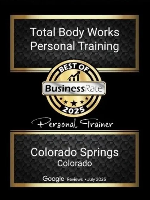 Award plaque for best business rate personal trainer in Colorado Springs, Colorado, July 2025, with black and gold design and review icons.