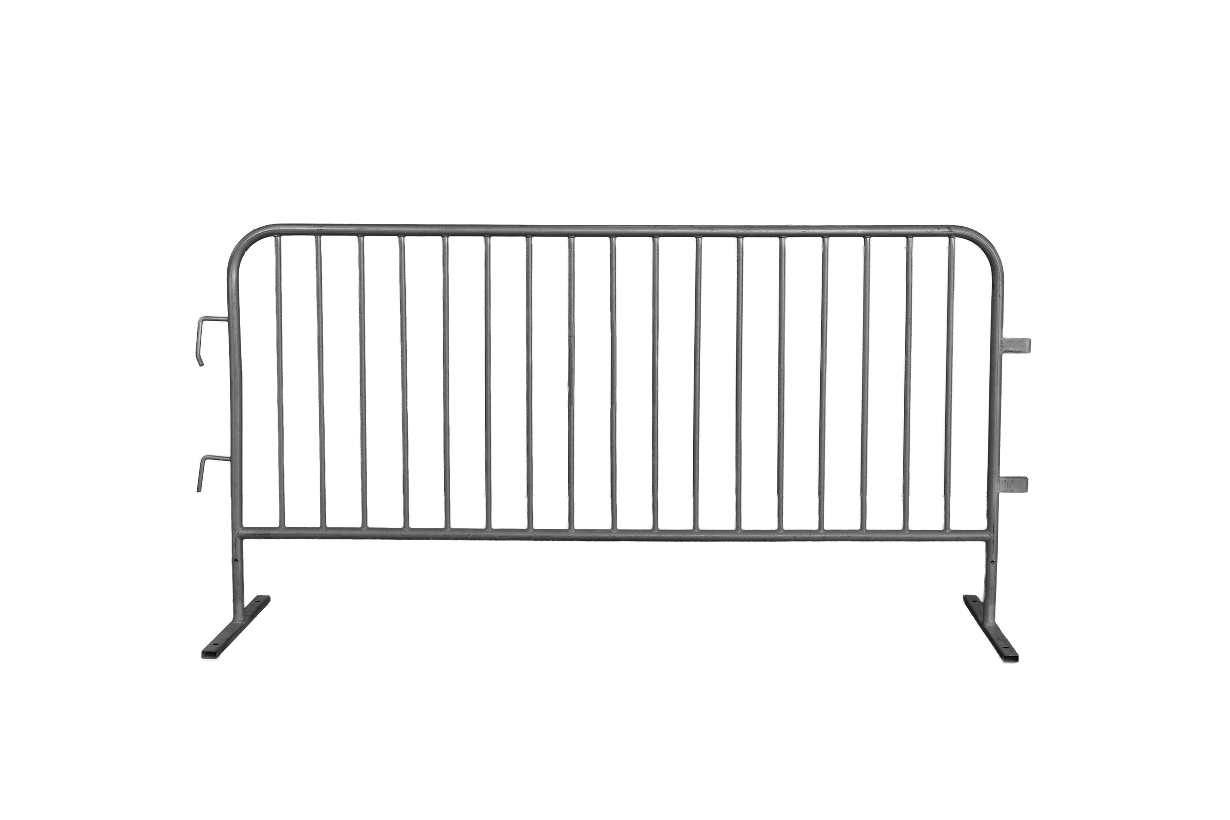 Metal crowd control barricade with vertical bars on a black background.