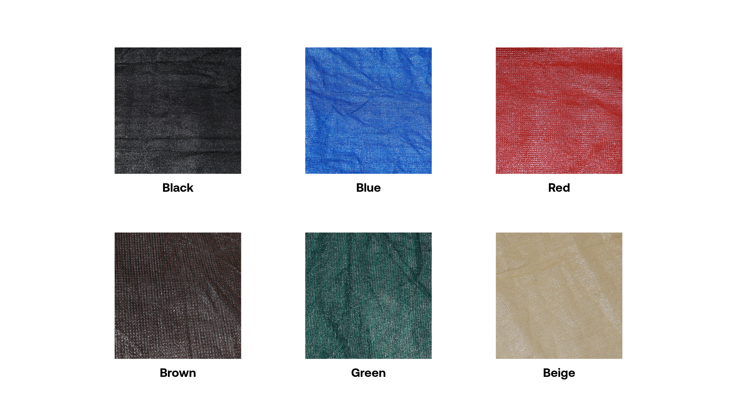 Six fabric color samples labeled Black, Blue, Red, Brown, Green, and Beige, arranged in two rows.