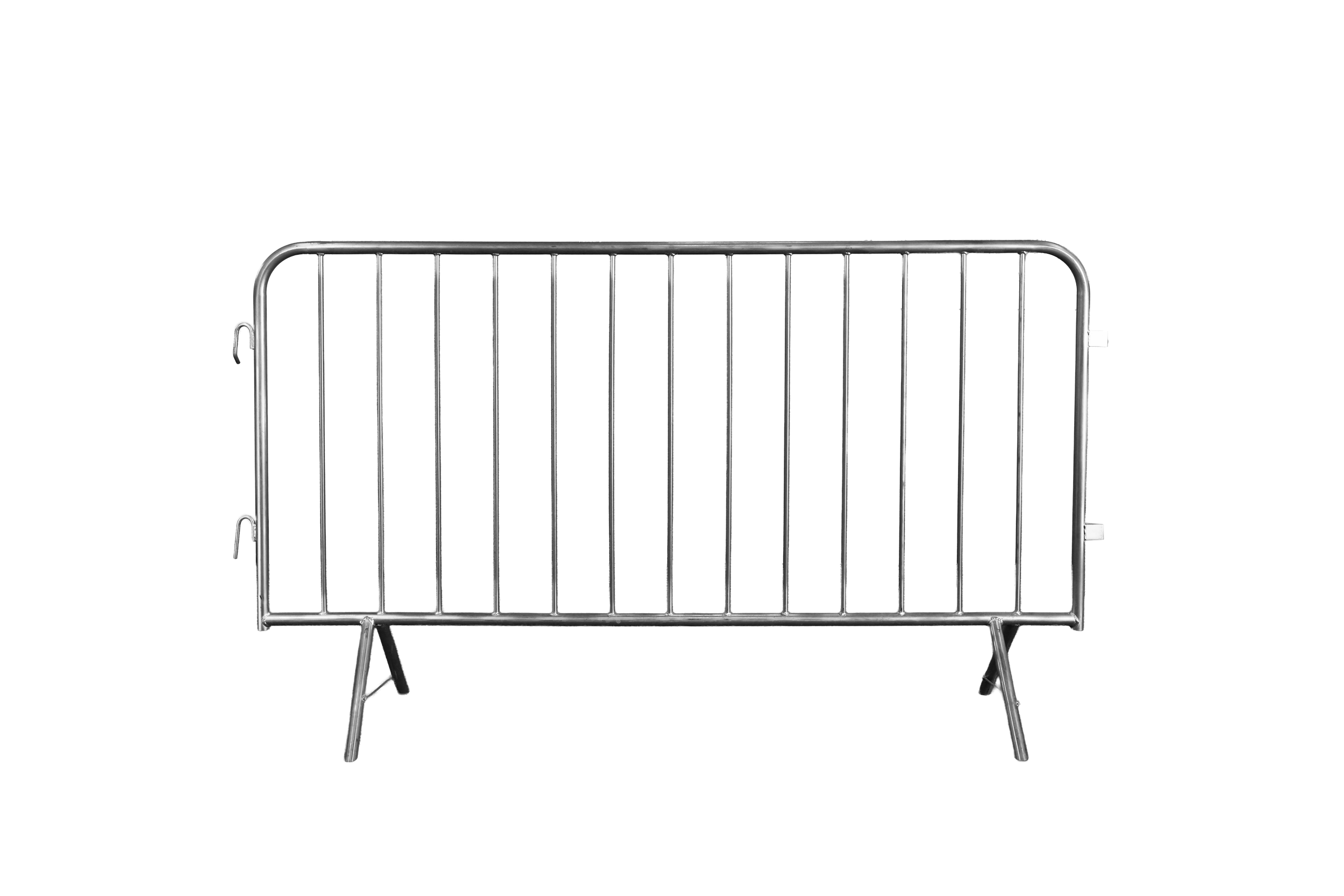 Metal crowd barrier with four legs on a black background.