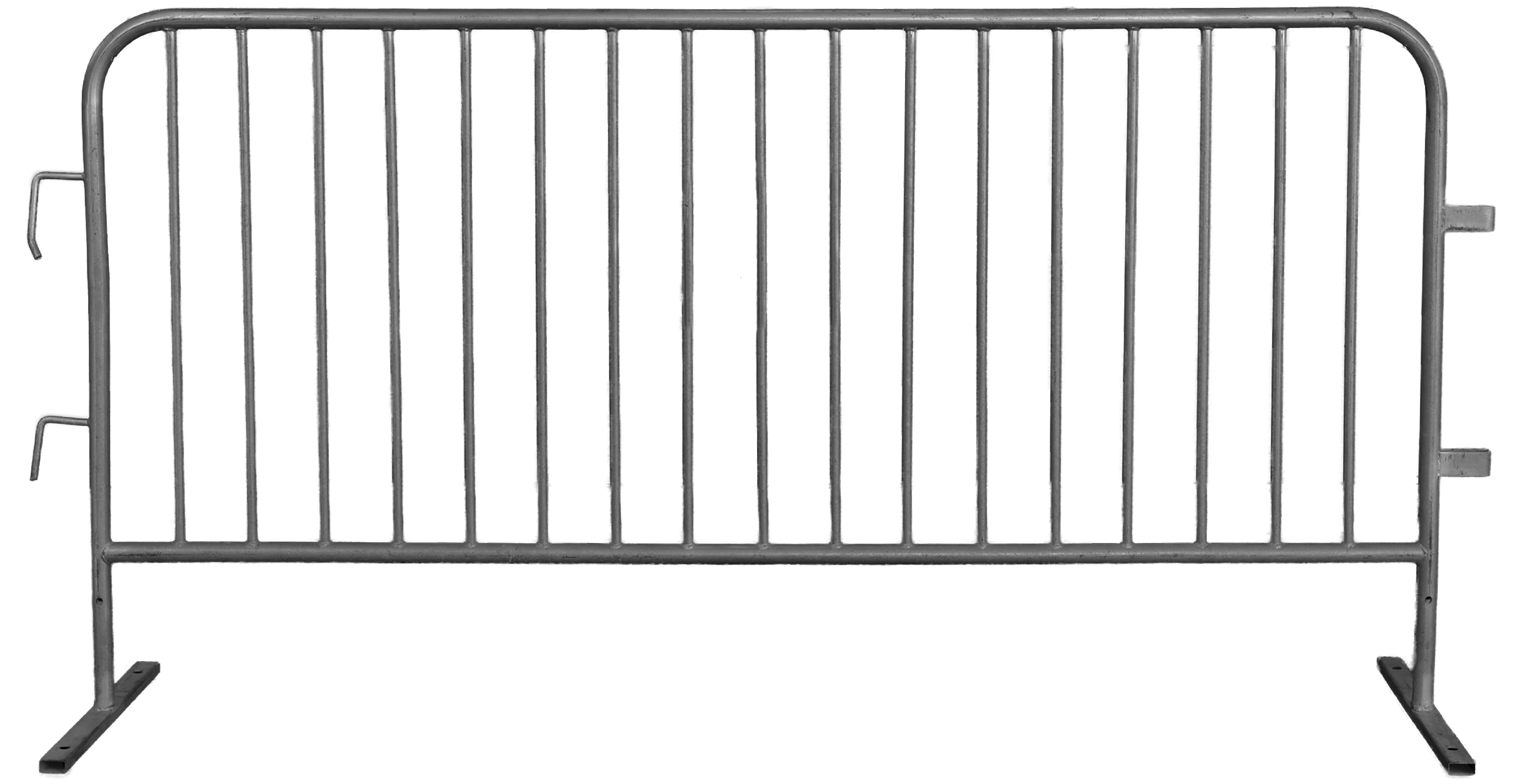 Metal crowd control barricade with vertical bars and two bases, viewed from the front.