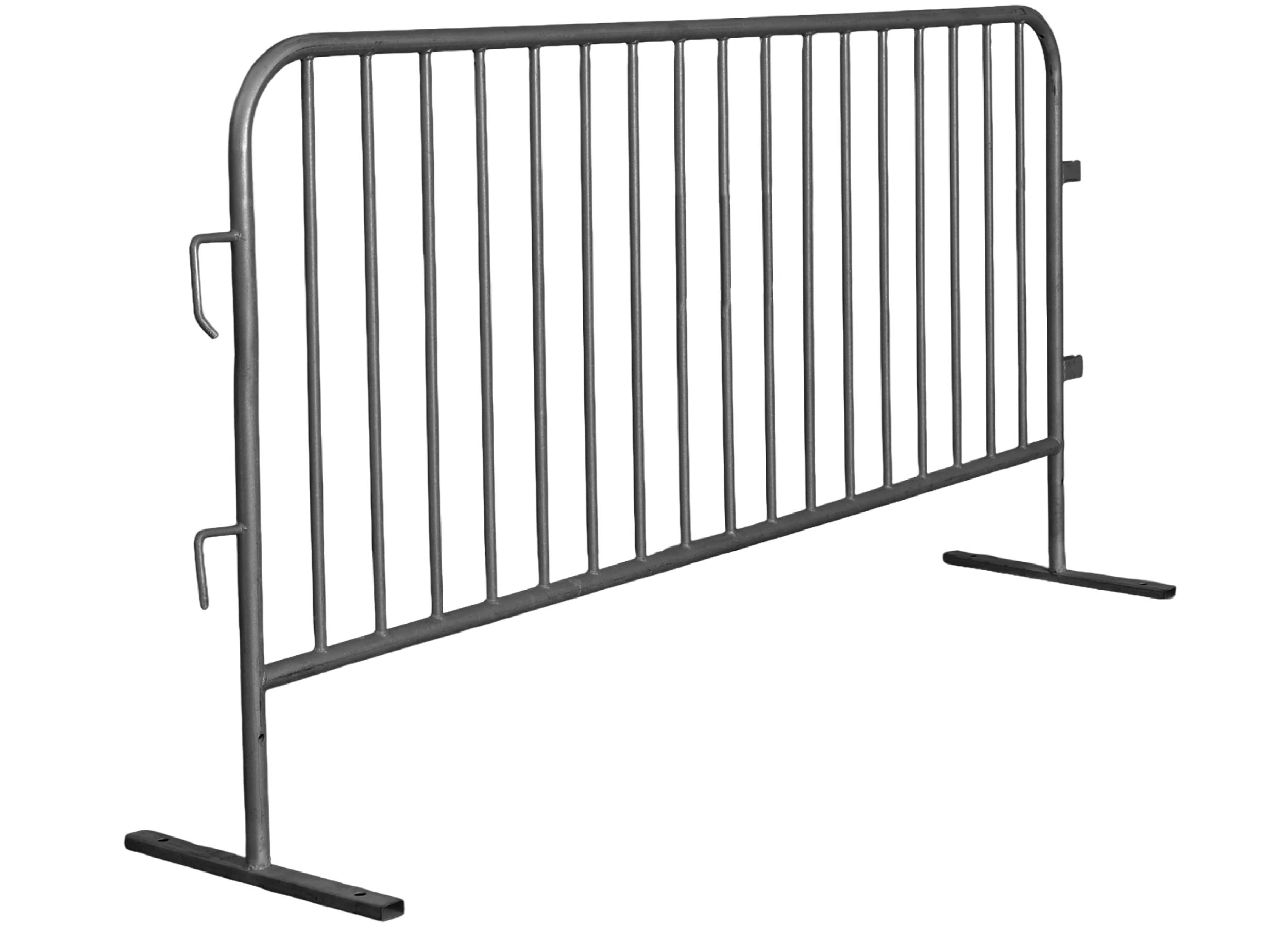 A metal crowd control barrier with vertical bars and horizontal supports, designed to manage large crowds at events or public spaces.