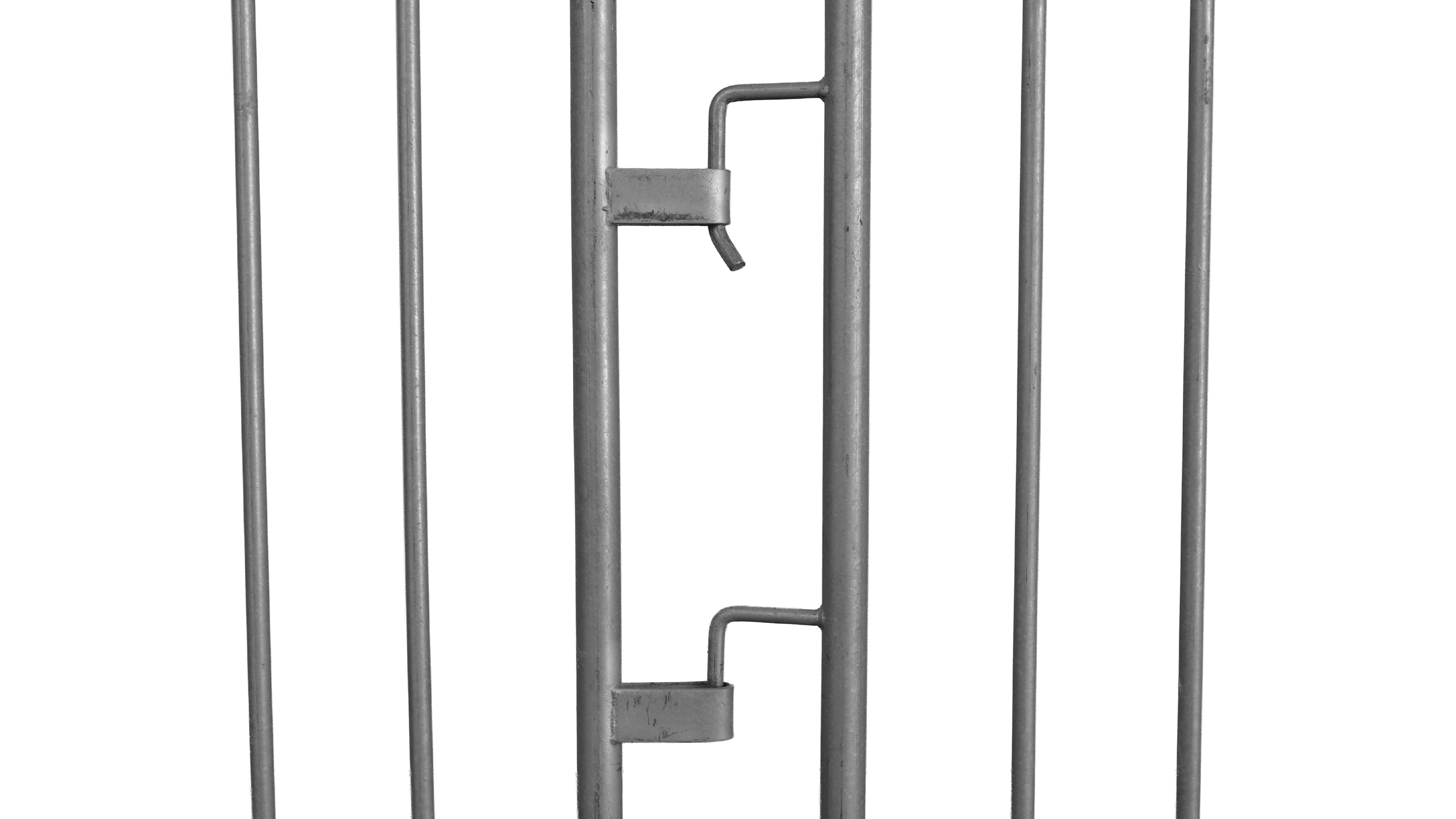 Close-up of a metal gate with vertical bars and two latch hooks