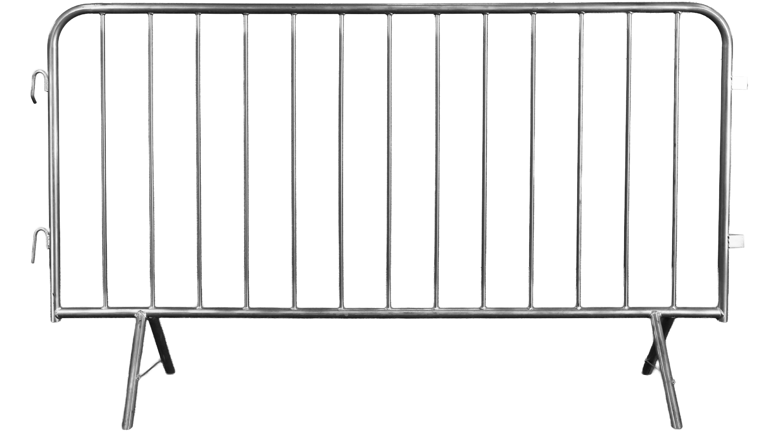 Empty metal crowd control barrier with wheels on a black background.