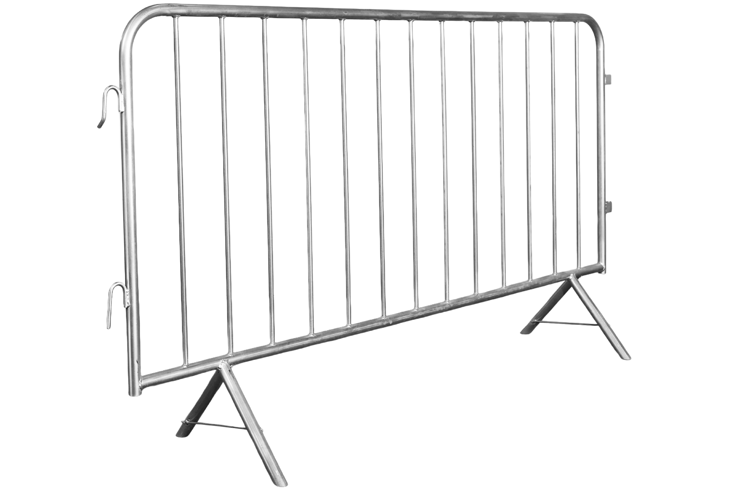Metal crowd control barricade with vertical bars and angled legs.