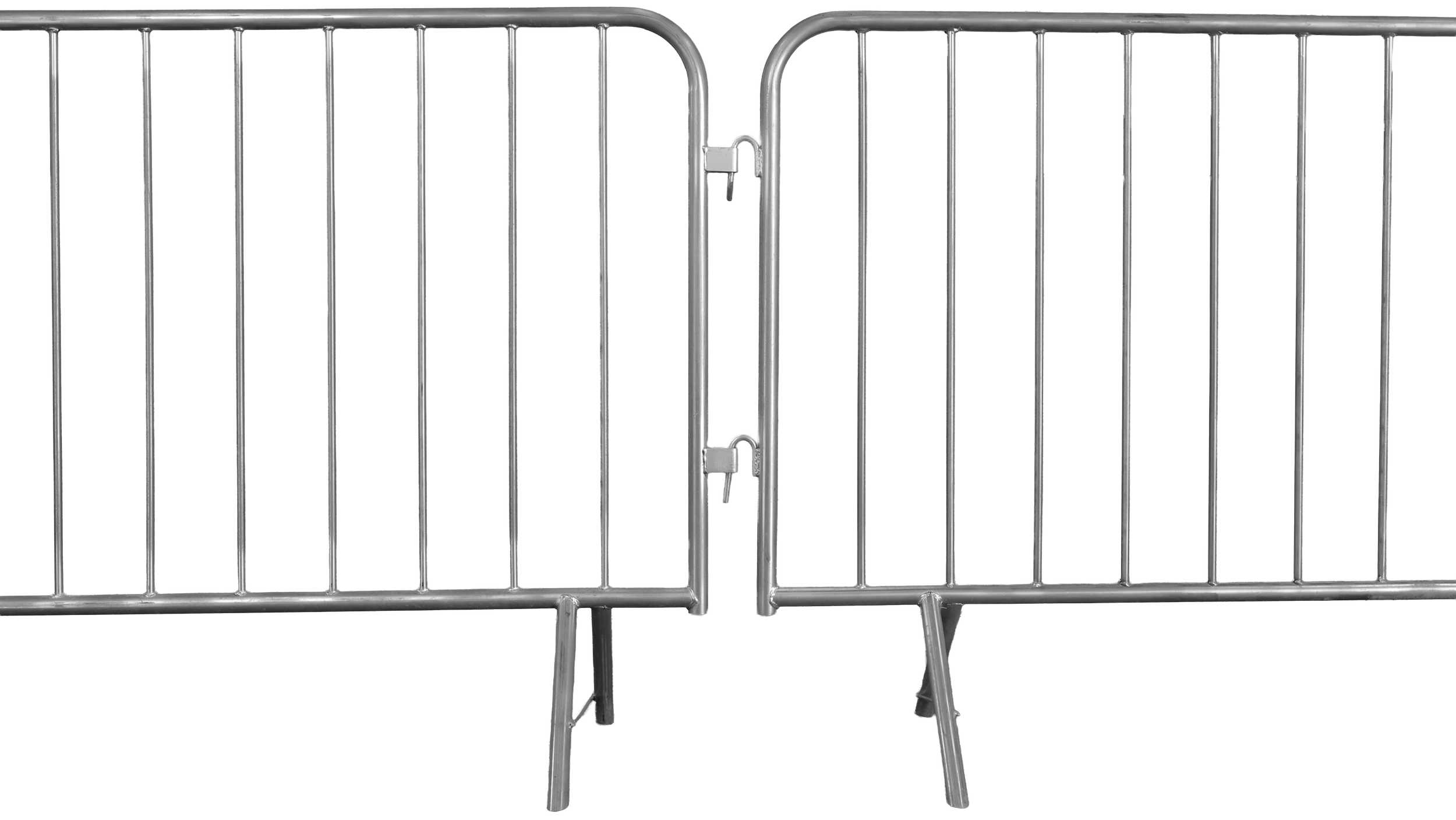 Metal crowd control barricades with a small opening between them, set against a plain white background.