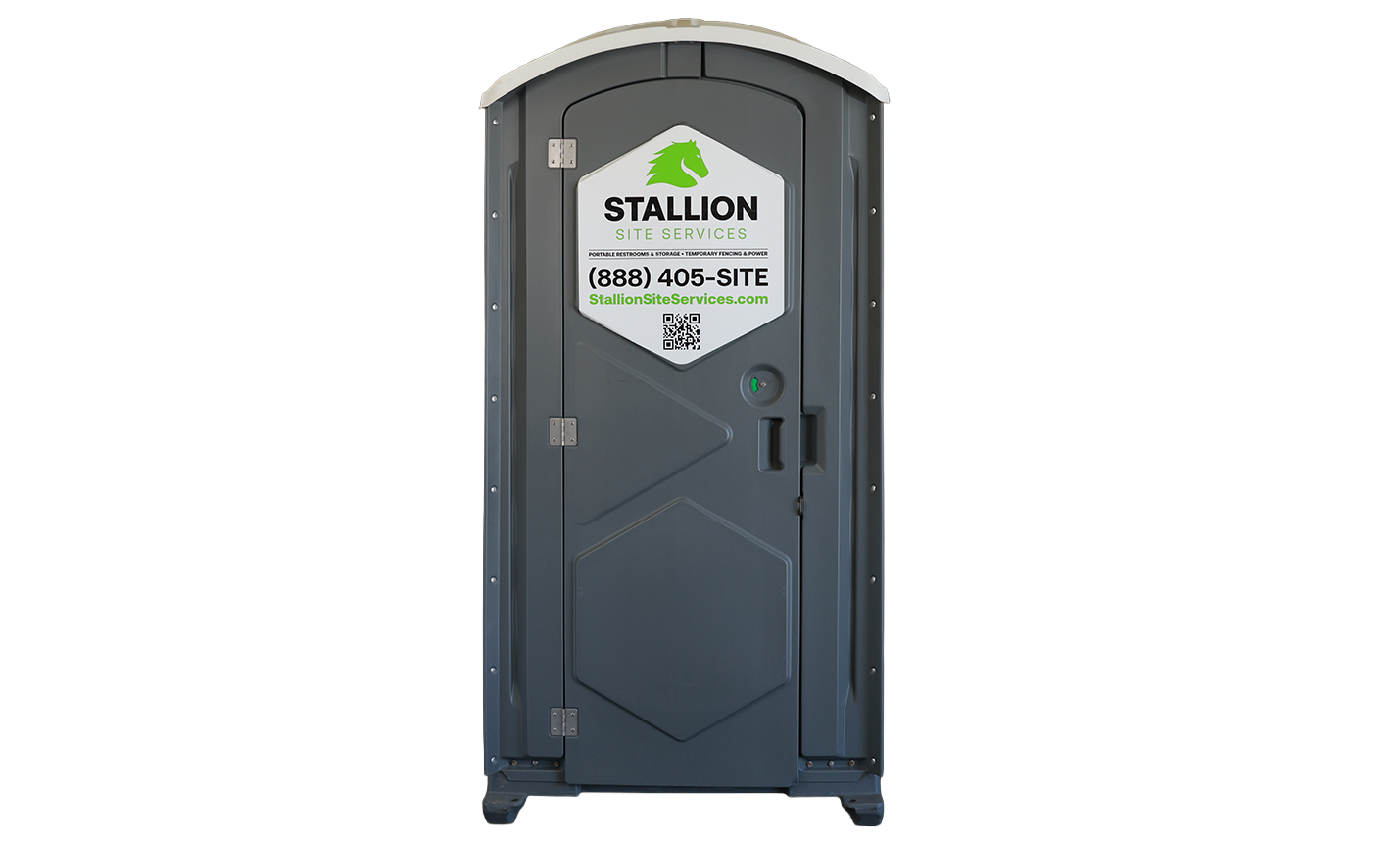 Gray portable restroom with a sign advertising Stallion Site Services, including a phone number, website, and QR code.