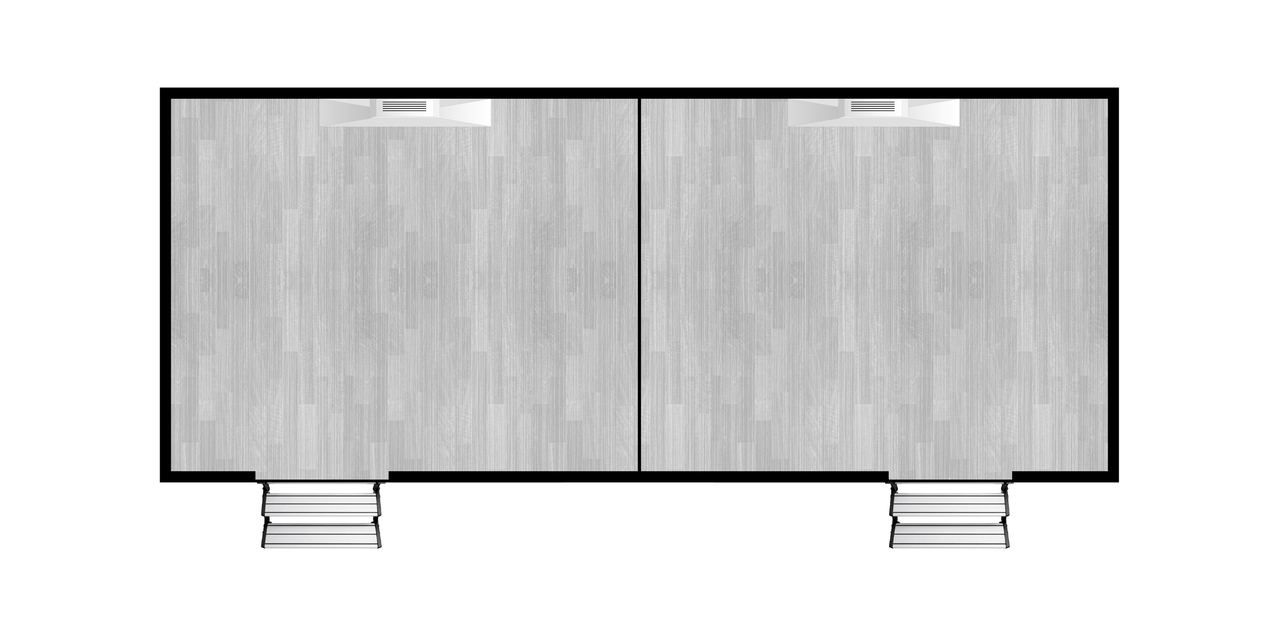 A top-down view of a floor plan with two adjacent rooms and exterior stairs leading to each room.