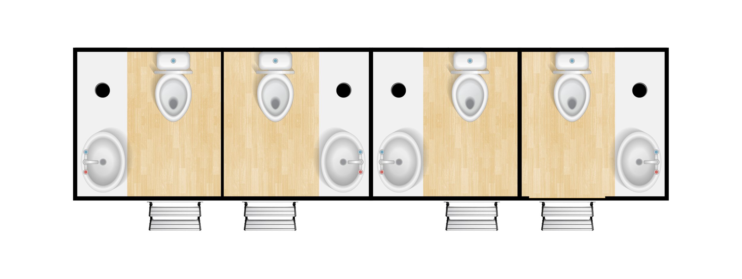 Top-down view of four portable restroom trailers, each with two doors, steps, and twin toilet units inside.