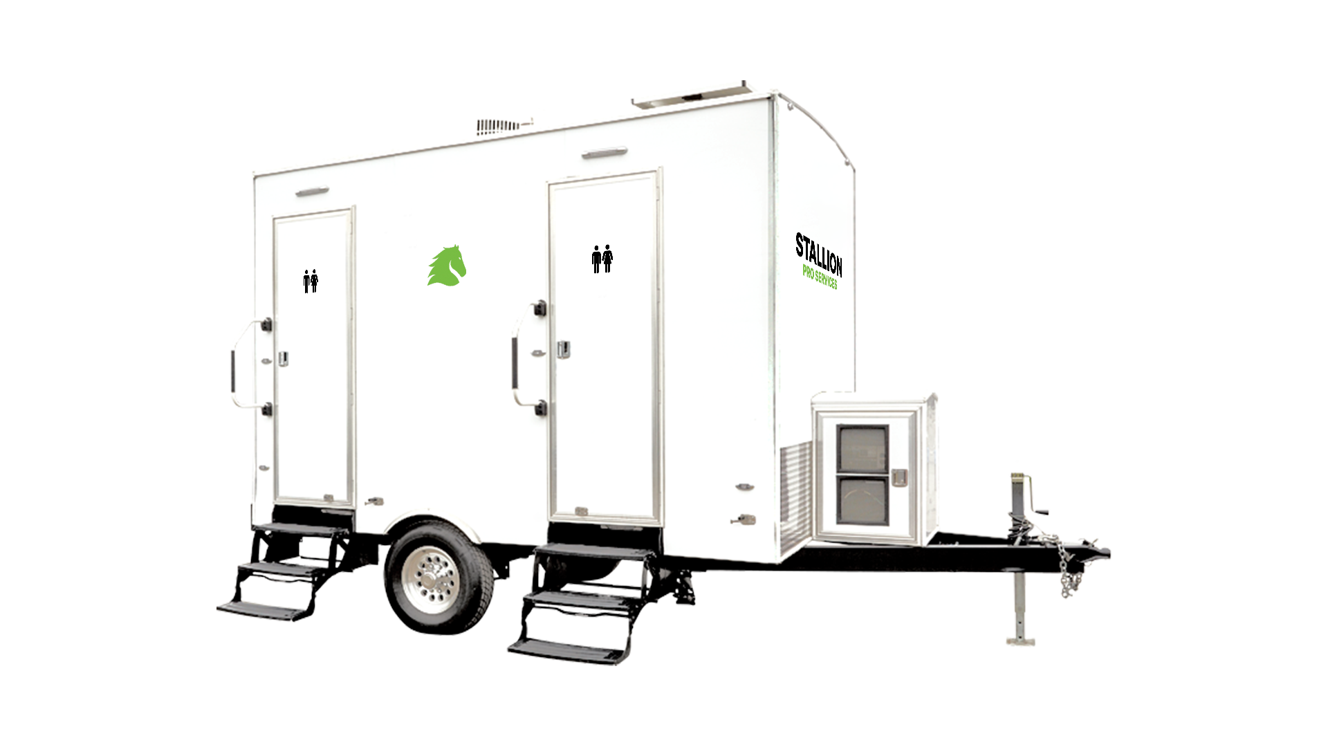Portable restroom trailer with two entrances, one for men and one for women, featuring male and female symbols, a green horse head logo, and the words 'Stallion Pro Services' on the side.