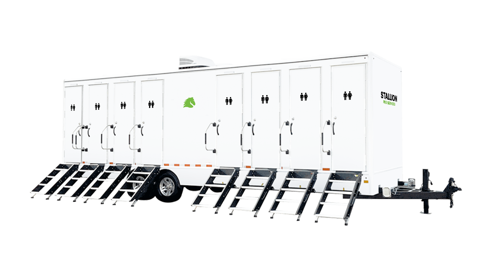 A white portable restroom trailer with multiple stalls, each marked with male and female icons. It has a black ramp for accessibility and green logos on the side, including a horse head and the text 'STALLION PRO SERIES'.