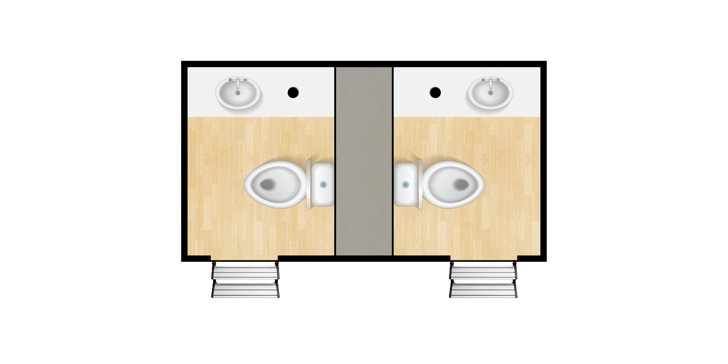 Top-down view of a shared bathroom with two sinks, two toilets, and a partition wall in between, each with steps leading up to the entrance.