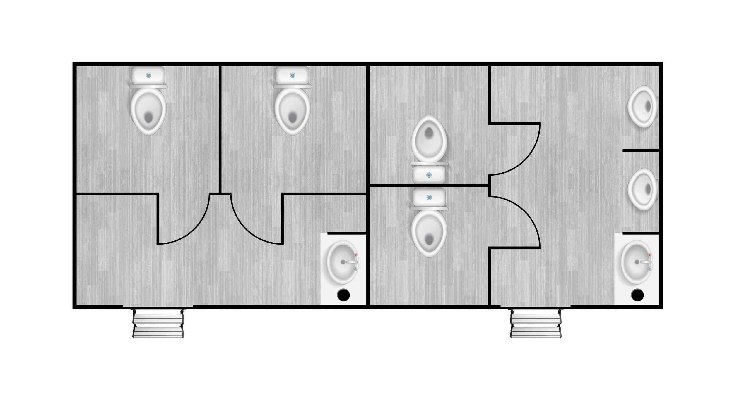 Floor plan of a building with multiple rooms, each containing toilets and sinks, accessed by steps outside