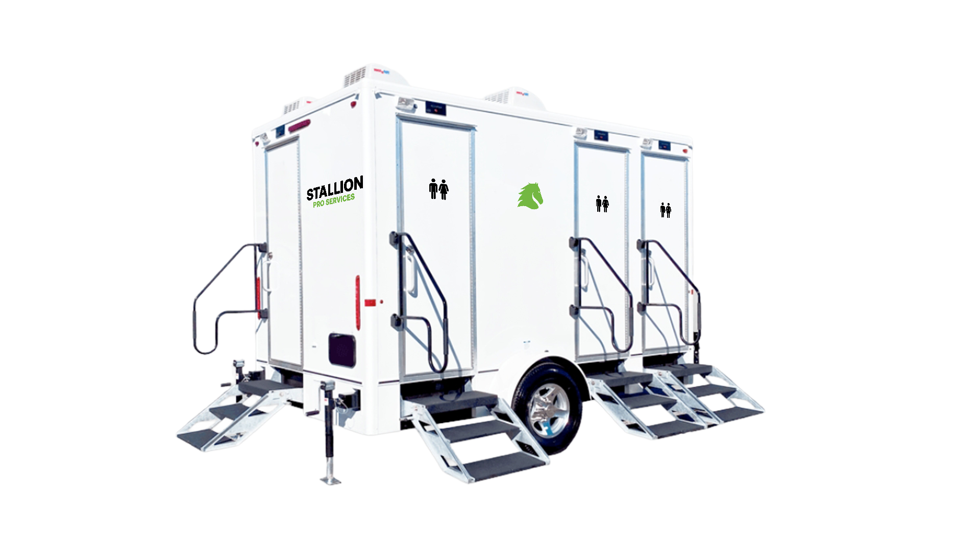 White portable restroom trailer with black silhouette of a man and woman on the door, and green and black text reading 'STALLION PRO SERVICES' on one side. The trailer has three doors, each with steps and handrails, and is equipped with air conditioning units on top.