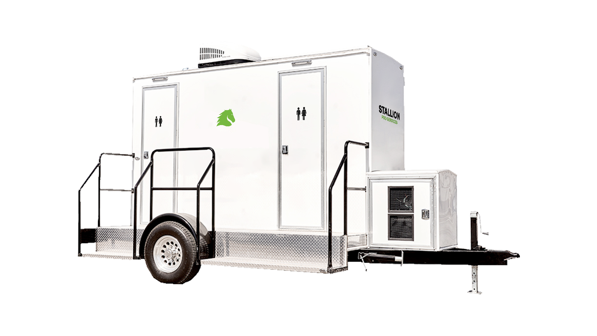 A white mobile restroom trailer with black railing stairs, featuring a green horse silhouette and the text 'STALLION PRO SERVICES' on the side, and a seating area with ventilation grates.