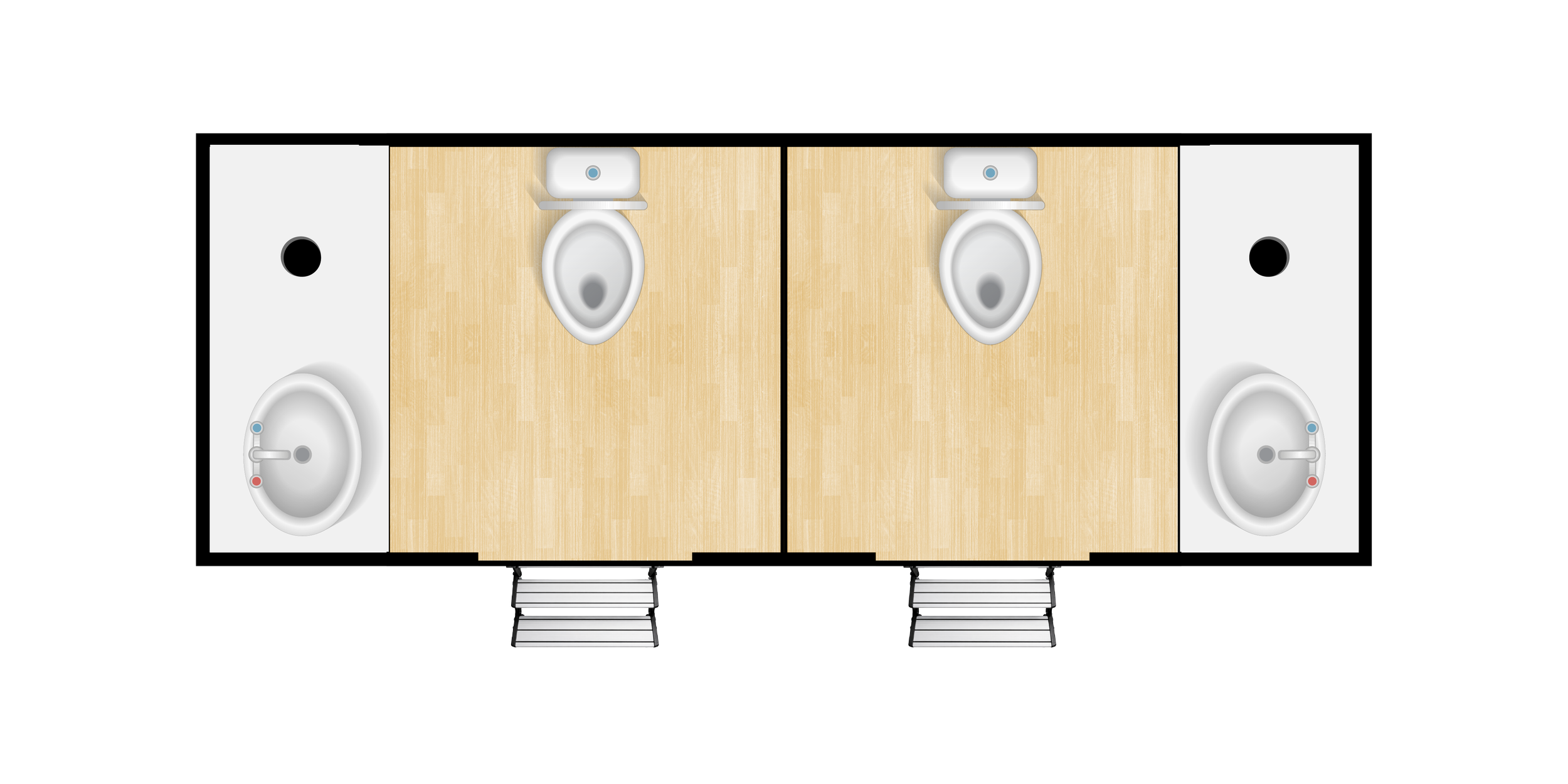 Top-down view of a small bathroom with two sinks, two toilets, and a separate shower on the left side. The floor is light wood, and there are stairs leading into the room.