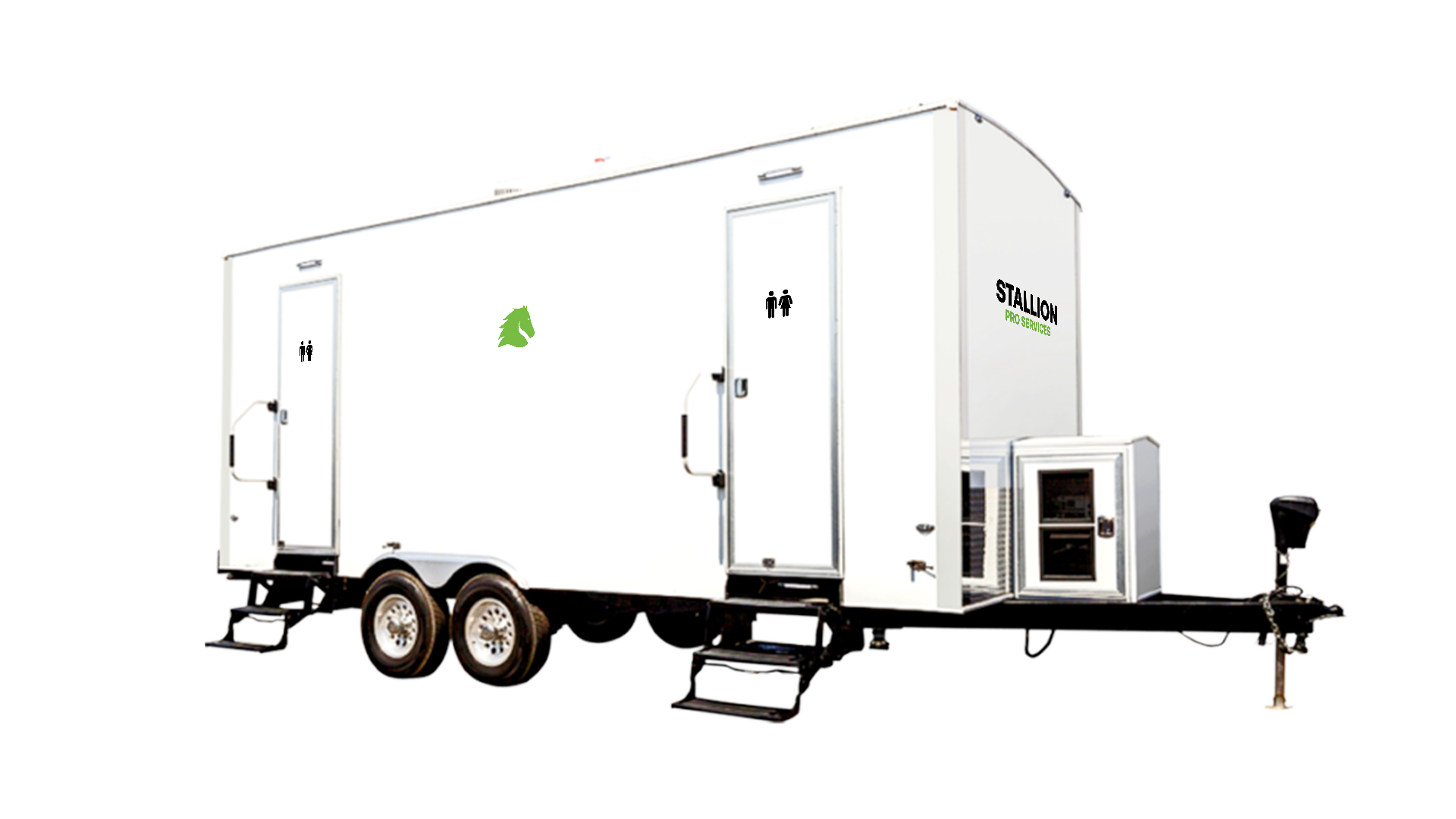 White mobile restroom trailer with two doors, one for men and one for women, and a green horse head logo, labeled Stallion Pro Services.