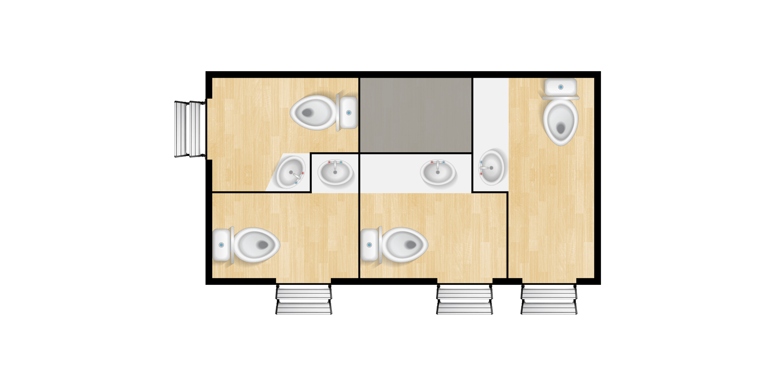 Floor plan of a building with multiple bathrooms, each containing a toilet and a sink, and a small staircase leading into the building.