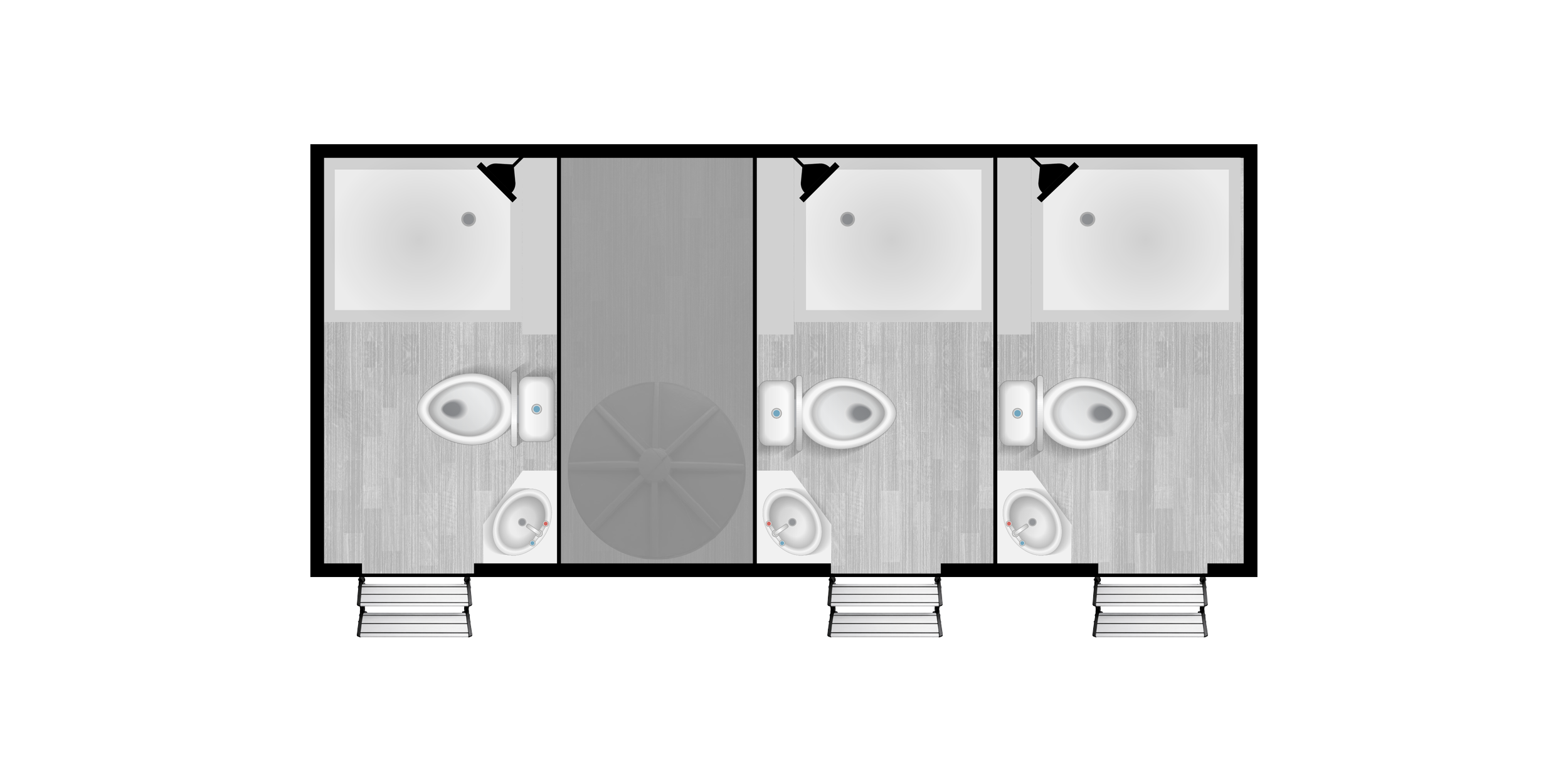 Top-down view of a restroom with three stalls, each with a toilet and sink, separated by partitions, and three steps leading into the space.