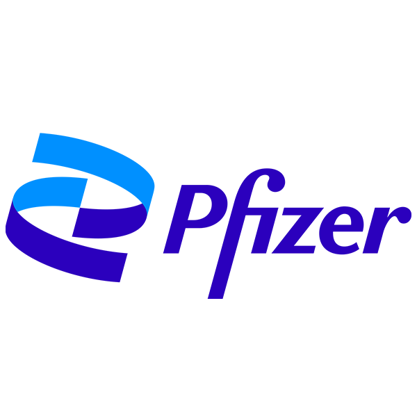 The Pfizer logo featuring a stylized blue and purple DNA helix and the text 'Pfizer' in purple.