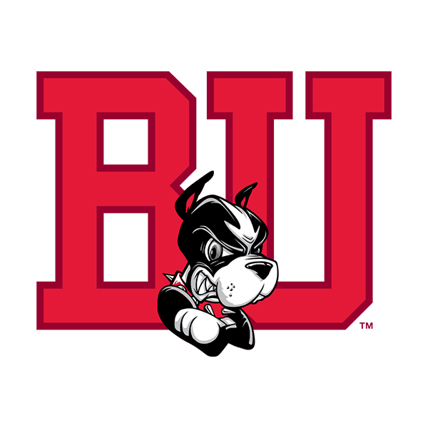 A cartoon dog with an angry expression, wearing a spiked collar, is in front of a red and black background with the letters 'BU'.